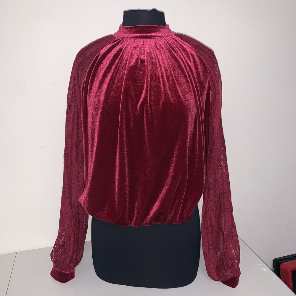 Free People Burgundy Velvet Lace Balloon Sleeve Mock Neck Small Whimsygoth Boho